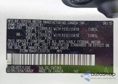 2015 Lexus Rx 350 z USA, uszkodzony, nr VIN 2T2BK1BA0FC329726